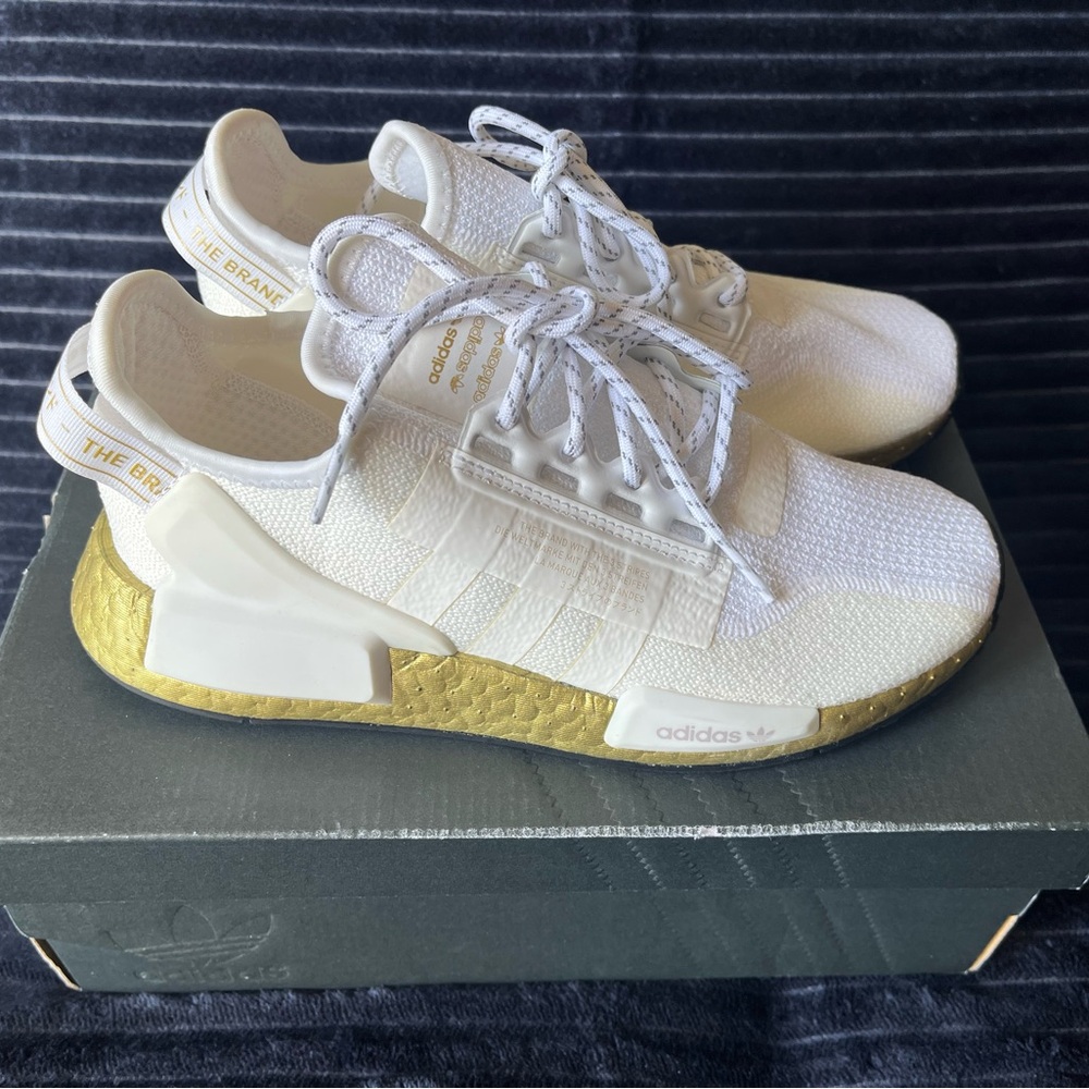Adidas White and Gold NMD Sneakers